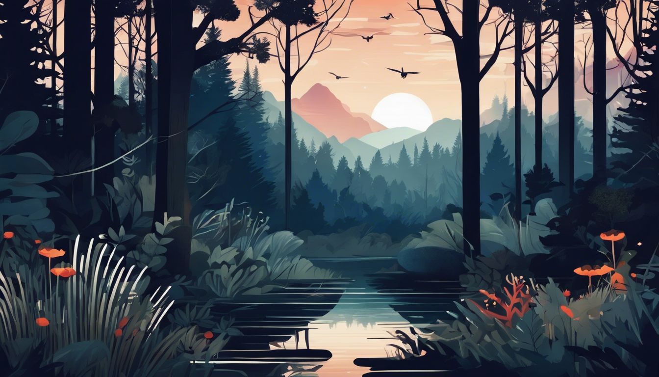 Een mysterieus bos bij schemering met gedetailleerde flora en fauna.