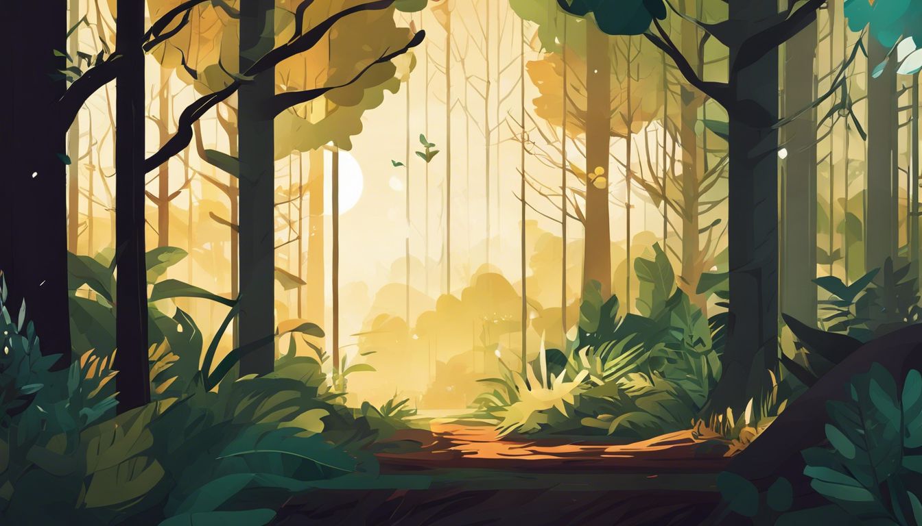 Een mysterieus bos met zonlicht en details van de natuur.