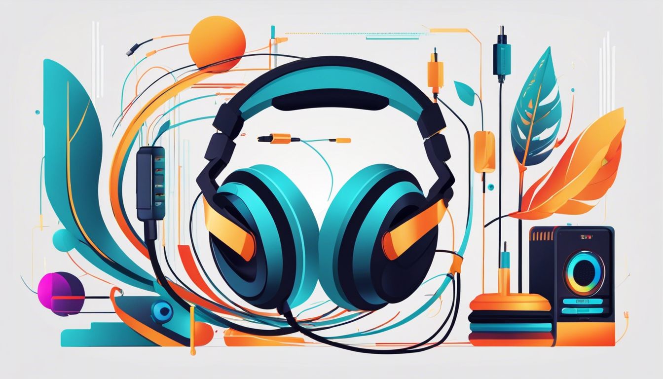 High-tech koptelefoon omringd door futuristische apparaten en diverse mensen. High-tech koptelefoon omringd door futuristische apparaten en diverse mensen.