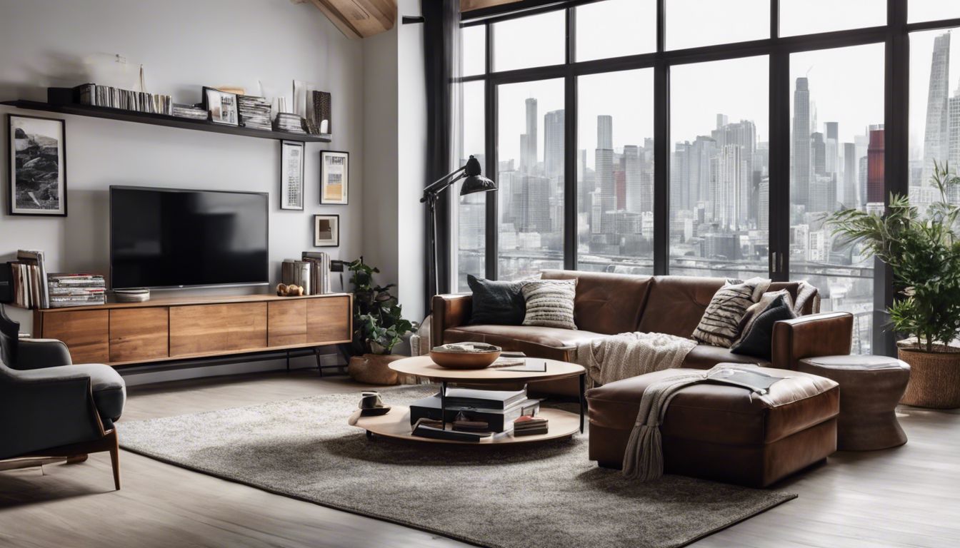 Een comfortabele woonkamer met TV, DVD's en film-posters.