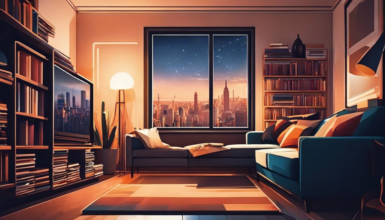 Persoon zit ontspannen op bank met stapels dvd's en stadfoto's.