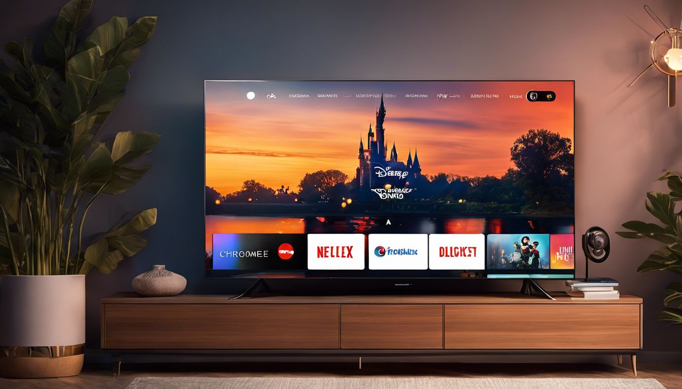 Moderne woonkamer met Disney Plus op TV via Chromecast.