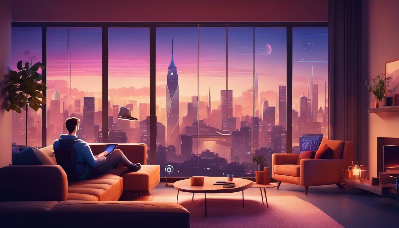Een persoon kijkt naar NPO Plus op een modern apparaat in een gezellige woonkamer.