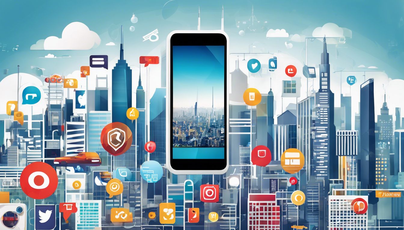 Een smartphone met gepersonaliseerde advertenties omringd door sociale media-pictogrammen met een moderne stadsachtergrond.