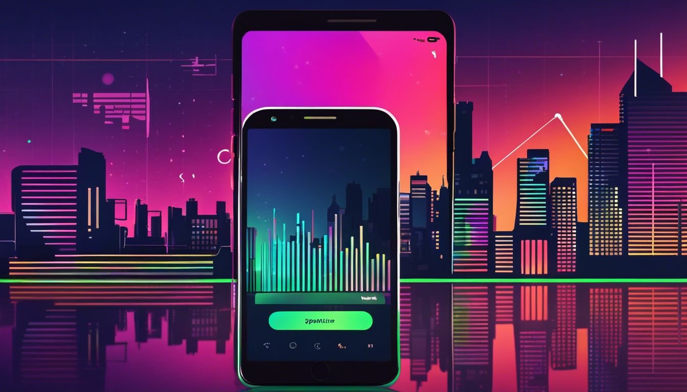 Een smartphone met een Spotify-afspeellijst op een achtergrond van datagebruik en stadsgezichtreflectie. Een smartphone met een Spotify-afspeellijst op een achtergrond van datagebruik en stadsgezichtreflectie.