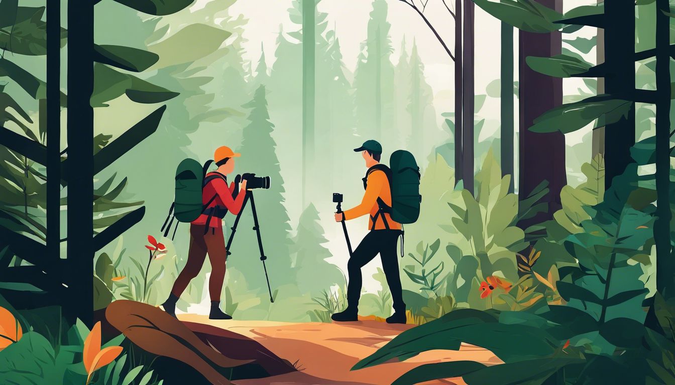 Twee vrienden die samen door een dicht bos wandelen en de natuur fotograferen.