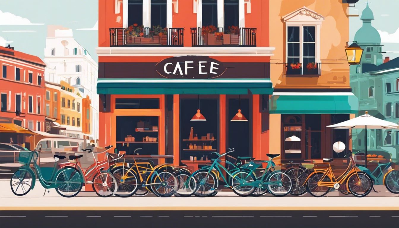 Een groep fietsen geparkeerd buiten een charmant caf&eacute; in de drukke stad.