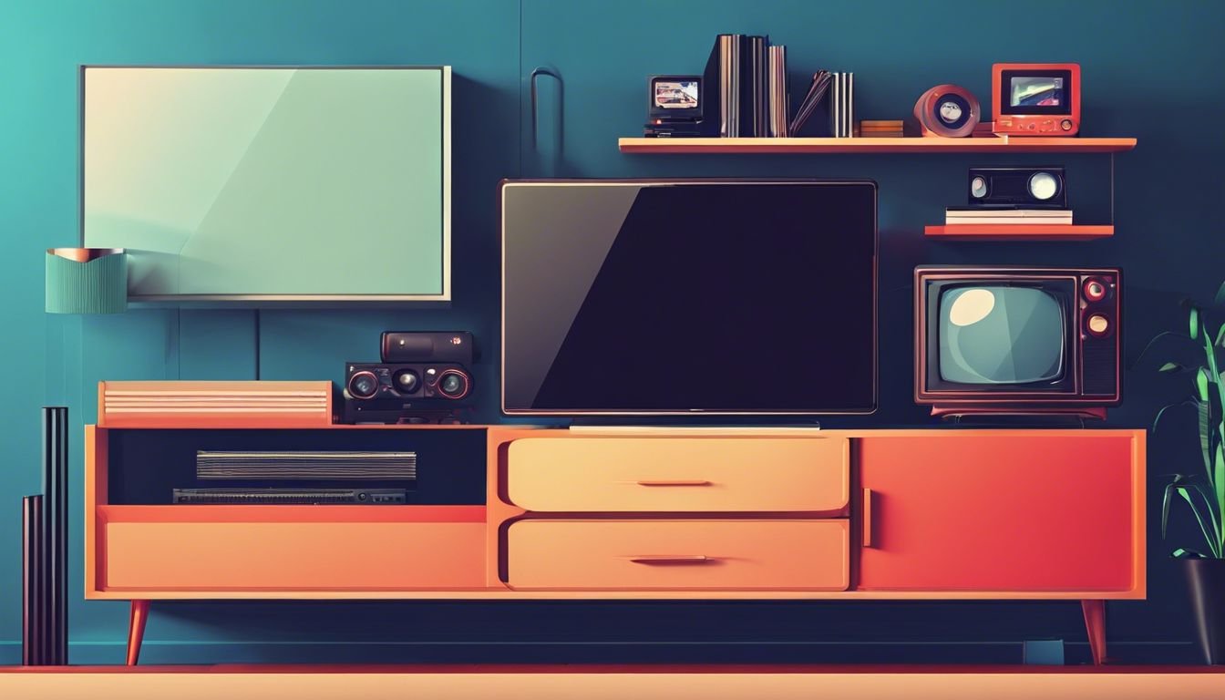 Een plank vol moderne TV en entertainmentapparatuur met een futuristische uitstraling. Een plank vol moderne TV en entertainmentapparatuur met een futuristische uitstraling.