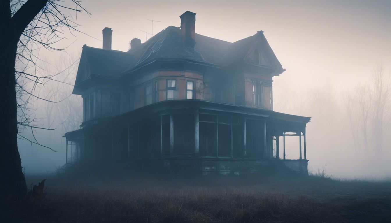 Een mysterieus verlaten pand gehuld in mist met overwoekerde gebouwen.