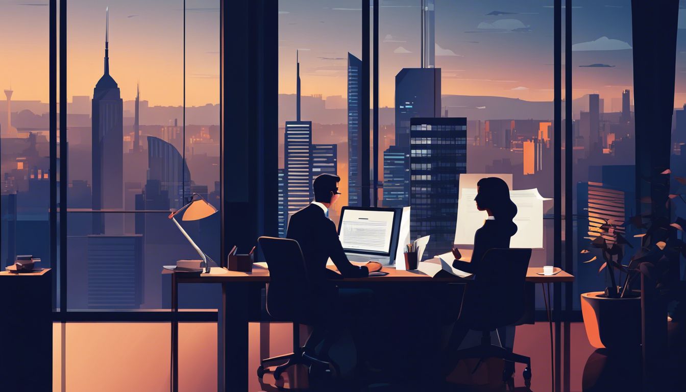 Man en vrouw werken samen in kantoor met stadsgezicht op achtergrond.