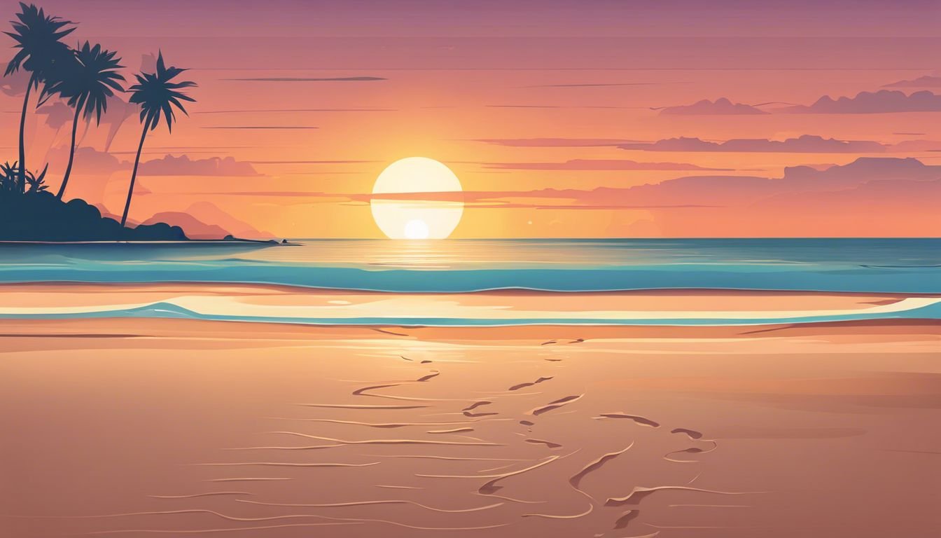 Een rustig strand bij zonsondergang met voetafdrukken in het zand.