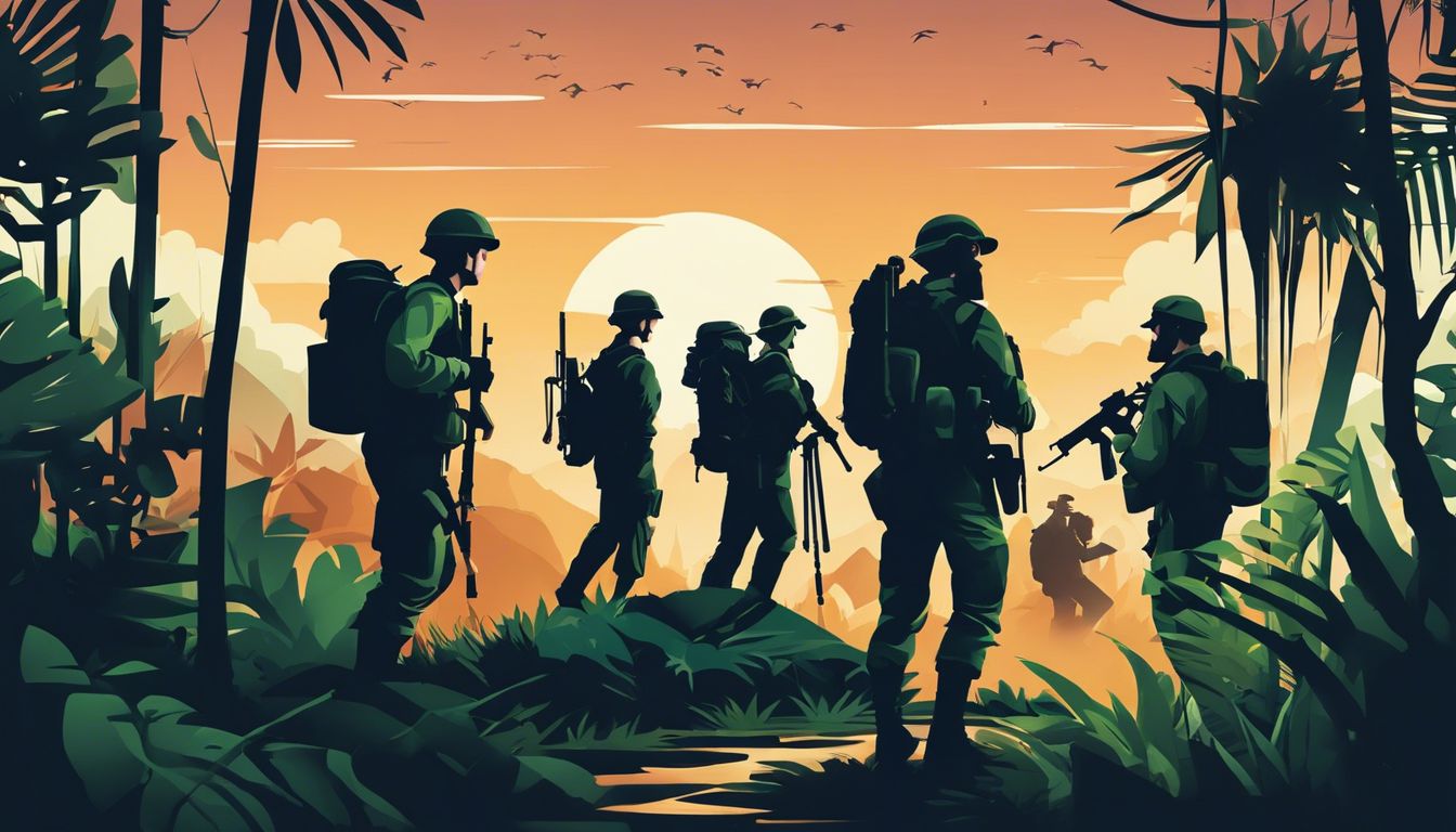 Een groep beroemdheden in militaire kleding, verkent een dichte jungle en maakt wildlifefoto's.