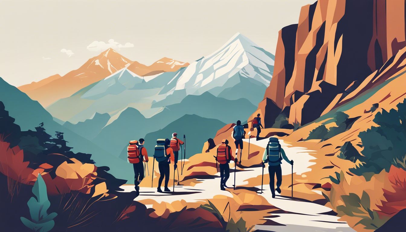 Een uitdagend bergpad met wandelaars die ruig terrein overwinnen.