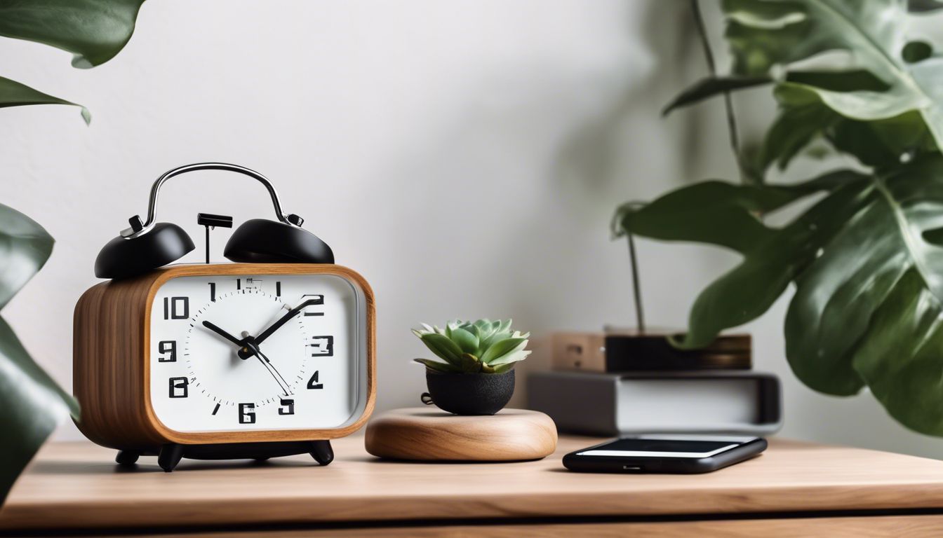 Een vintage alarmklok en smartphone met Spotify-app op nachtkastje.