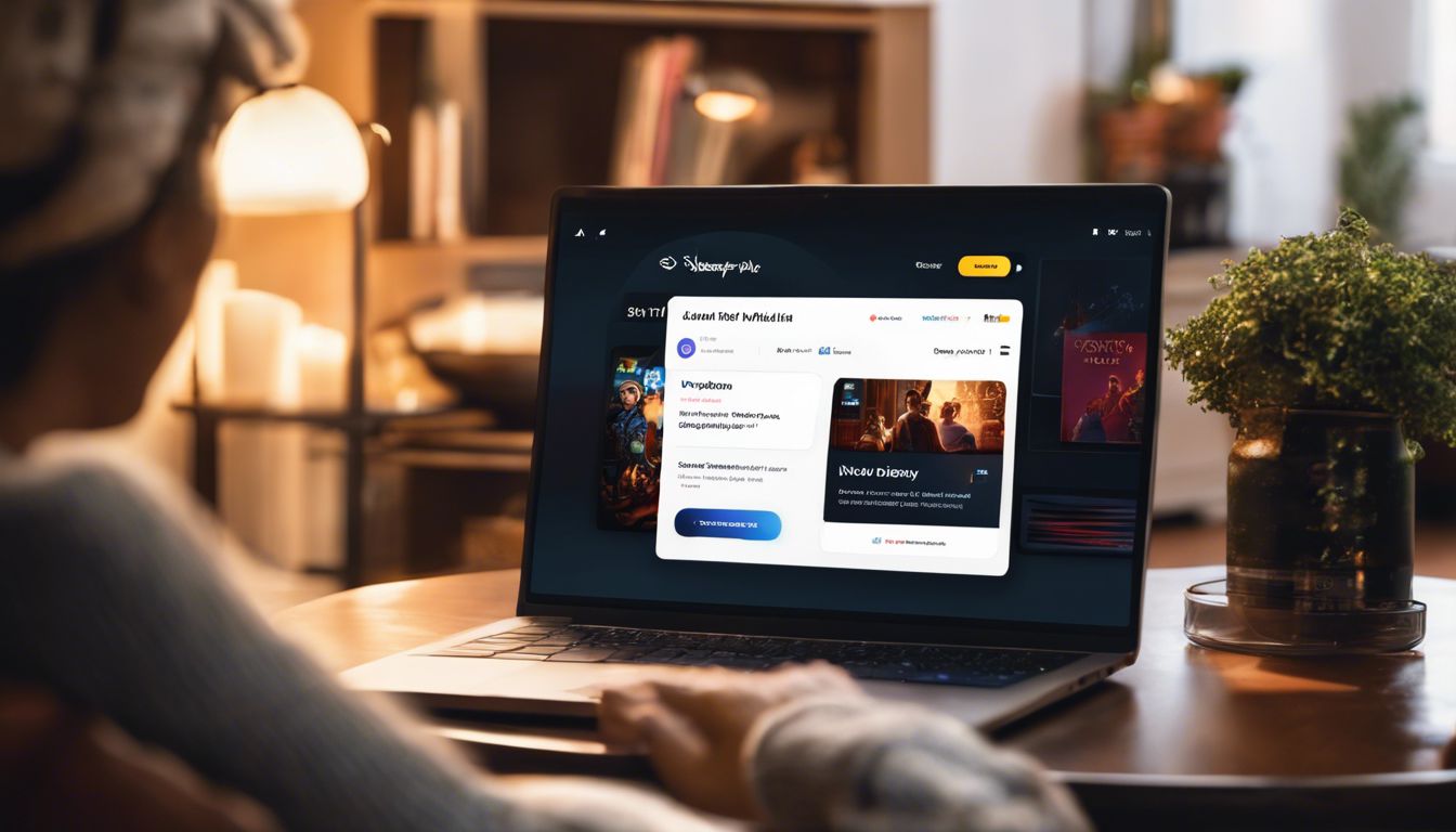 Een persoon logt in op Disney Plus op hun laptop in een gezellige woonkamer.