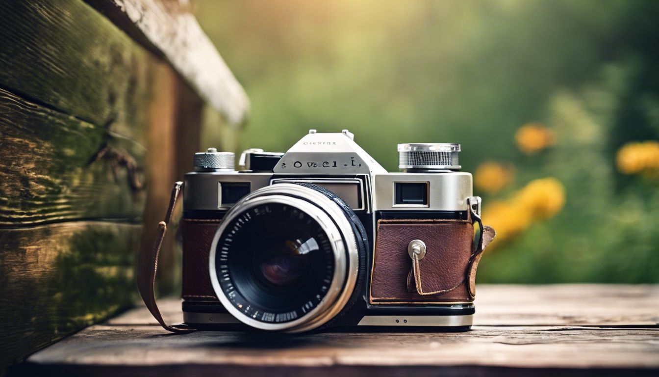 Een vintage filmcamera en klassieke Nederlandse series dvd's op een verweerde houten tafel.