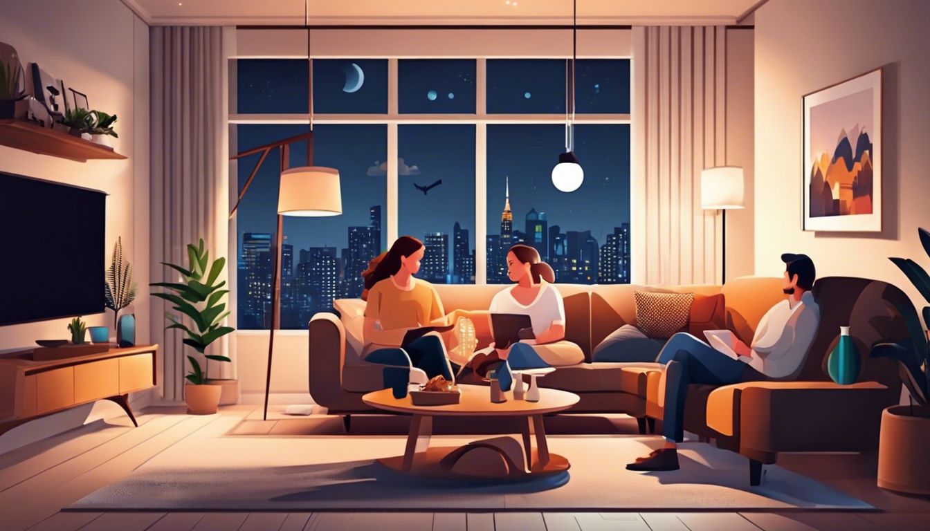 Een comfortabele woonkamer met een gezin dat geniet van een filmavond.