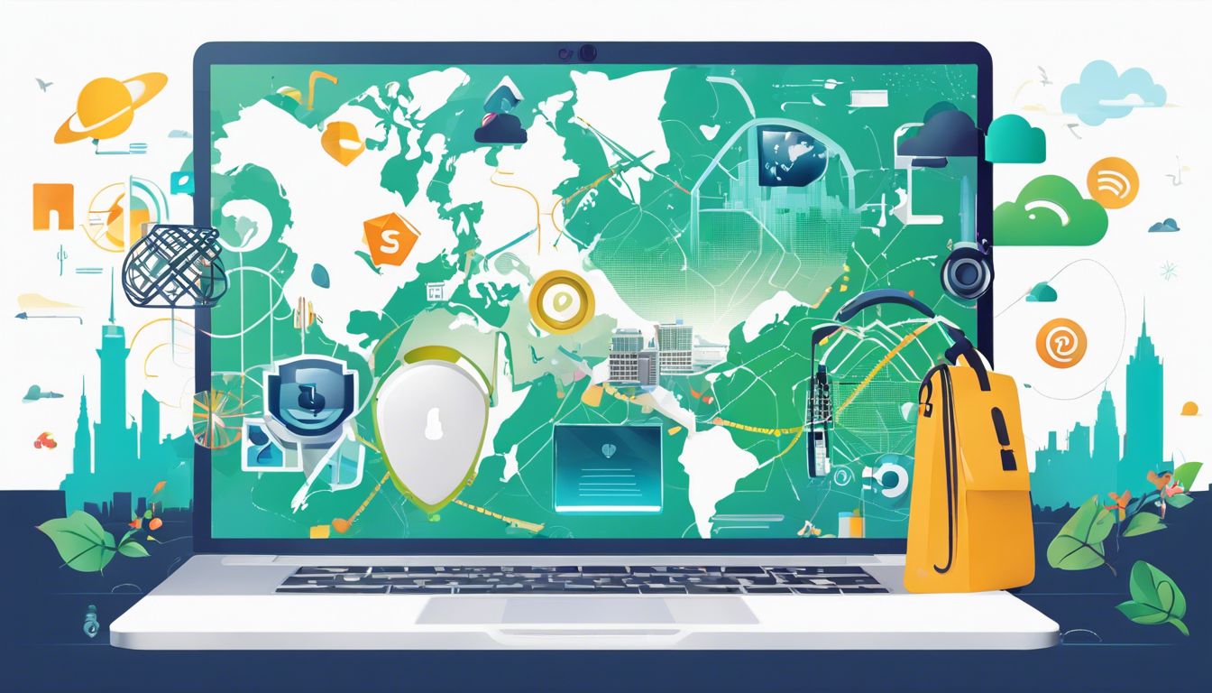 Een laptop met Spotify-logo, wereldkaart, privacybeschermingssymbolen en stadsgezicht.