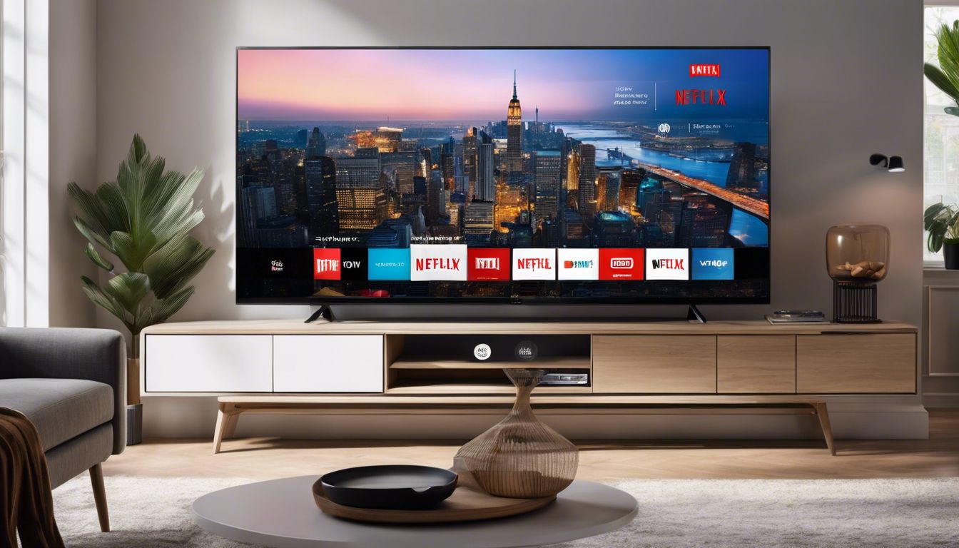 Een moderne woonkamer met een slimme tv en Netflix. Een moderne woonkamer met een slimme tv en Netflix.