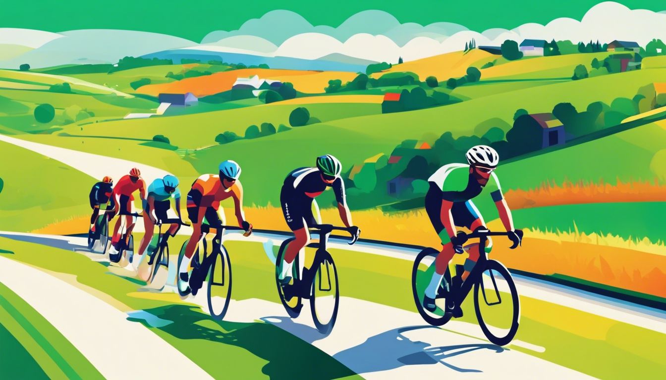 Een fietsrace door een schilderachtig platteland, met focus op snelheid en energie. Een fietsrace door een schilderachtig platteland, met focus op snelheid en energie.