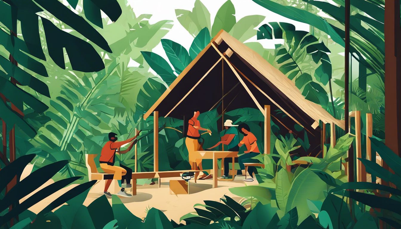 Een groep deelnemers bouwt een schuilplaats in een dicht bos.