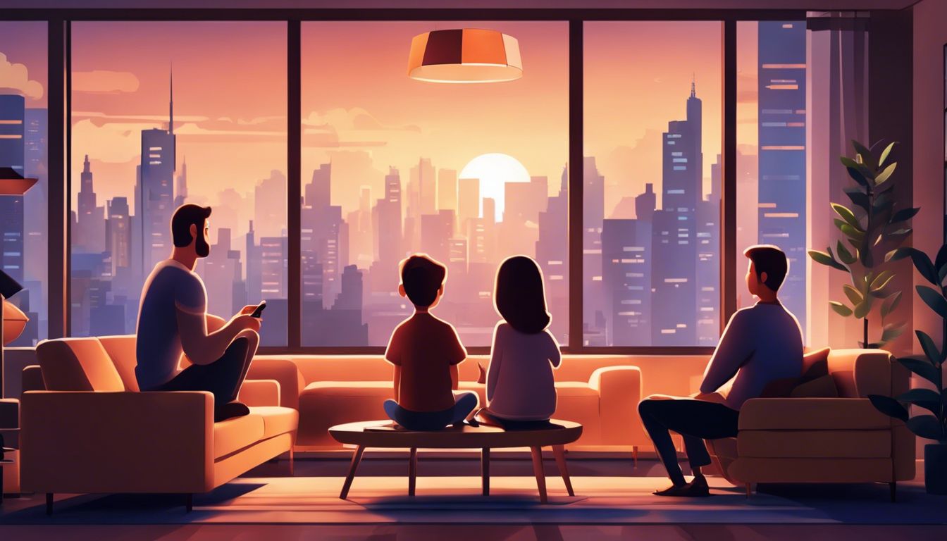 Een gezin kijkt samen televisie in een comfortabele woonkamer met uitzicht op de stad.