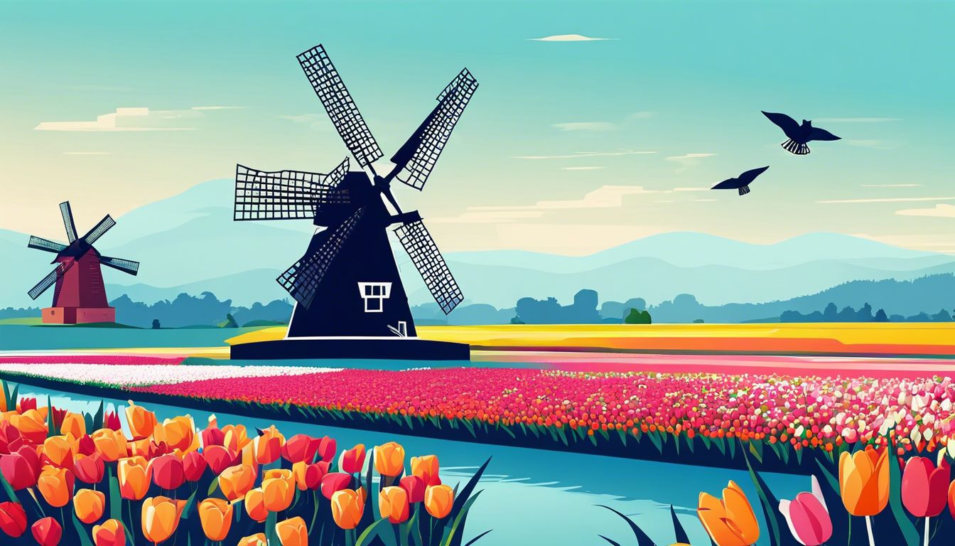 Een vredig Nederlands landschap met een molen en bloeiende tulpenvelden.