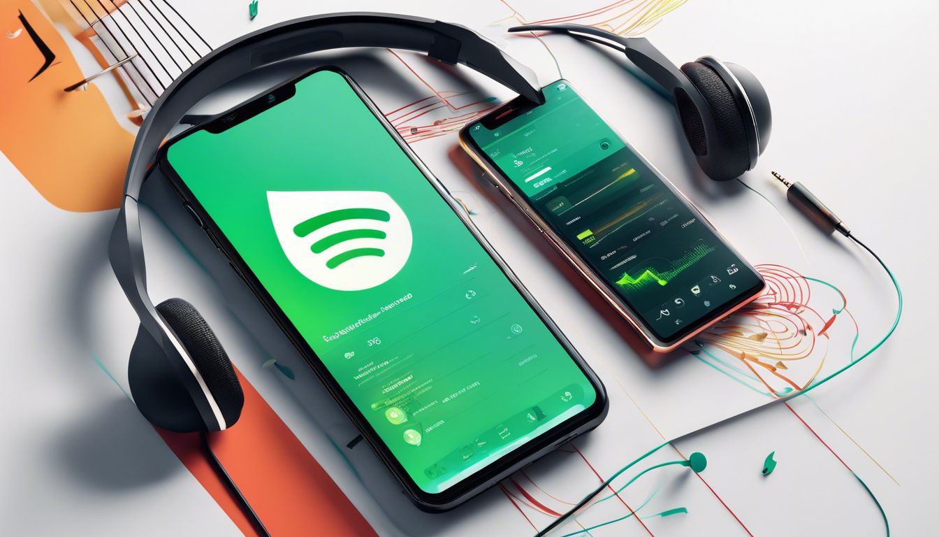 Een smartphone met Spotify-app, omringd door koptelefoons en muzieknoten.