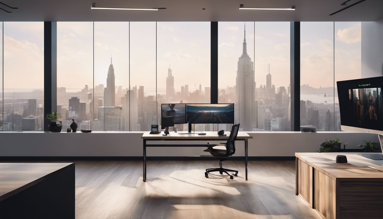 De Spotify logo wordt weergegeven op een computer in een modern kantoor.