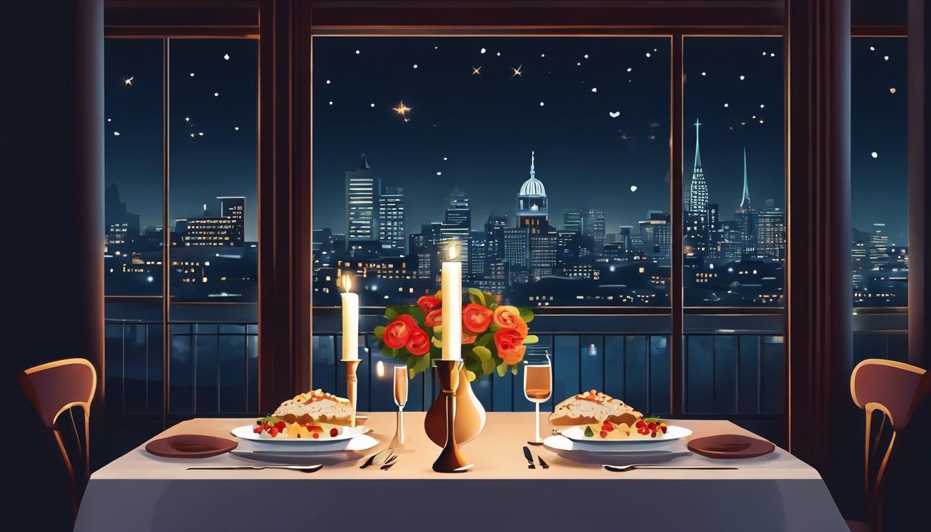 Een romantisch diner voor twee met uitzicht op de stad.