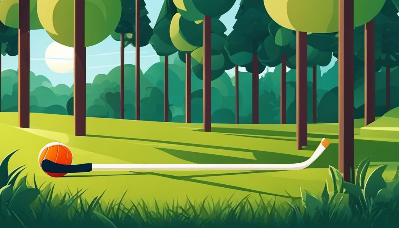 'Hockey stick en bal liggen op grasveld omringd door groen.'