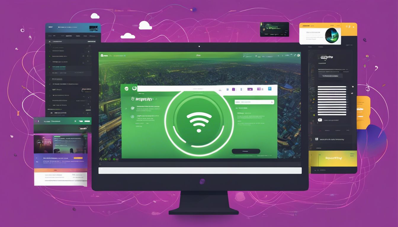 Een computerweergave van de Spotify-startpagina omringd door gecodeerd internetverkeer en luchtfotografie.