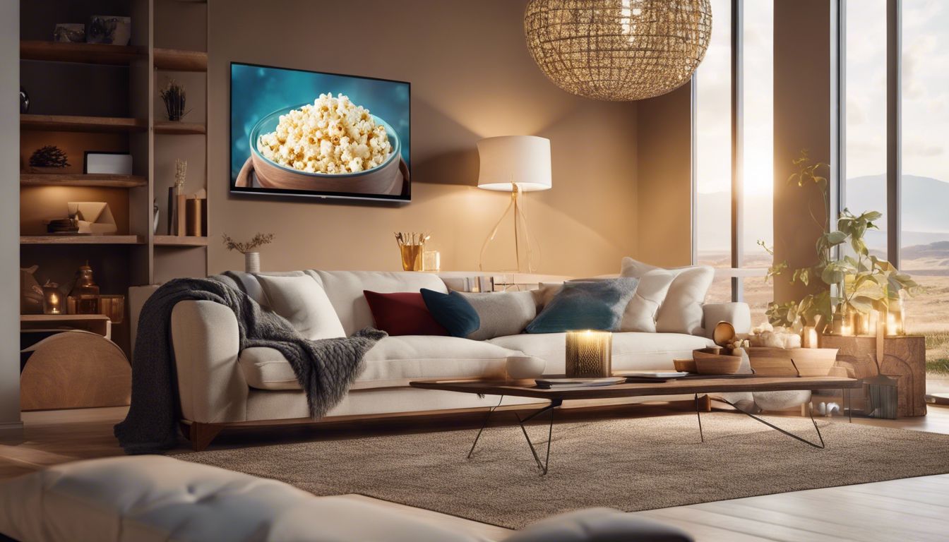 Een Videoland cadeaubon met een gezellige woonkamer setting en popcorn.
