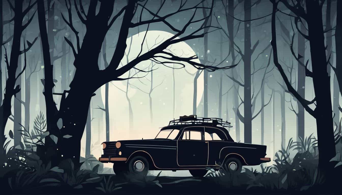 Een verlaten, roestige auto in een donker en griezelig bos. Een verlaten, roestige auto in een donker en griezelig bos.