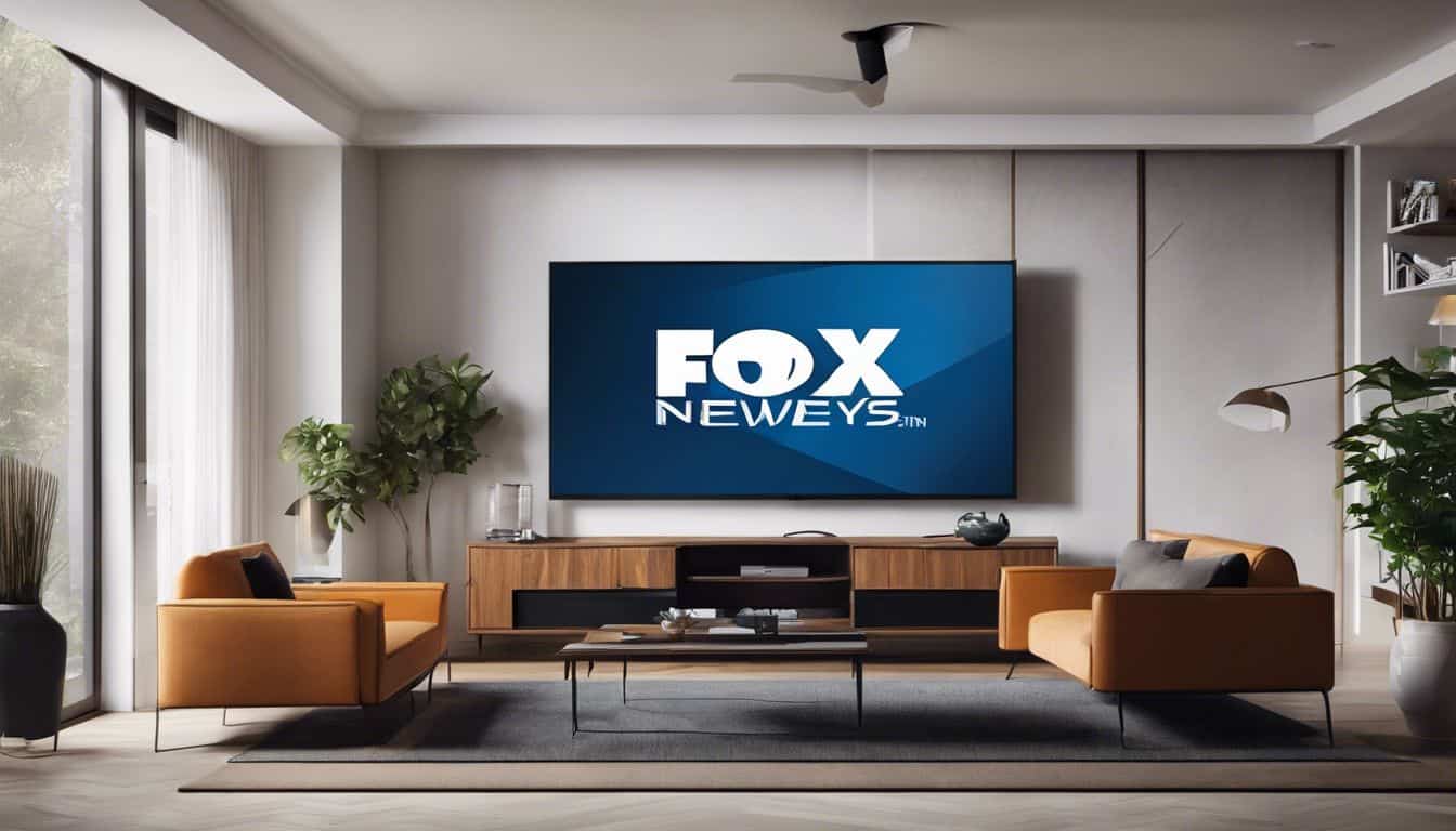 Een eigentijdse woonkamer met een stijlvolle TV-opstelling die FOX News uitzendt. Een eigentijdse woonkamer met een stijlvolle TV-opstelling die FOX News uitzendt.