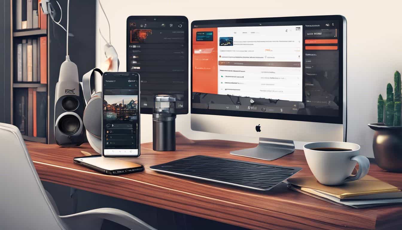 Een smartphone met Tukker FM app, koptelefoon en koffie op bureau.