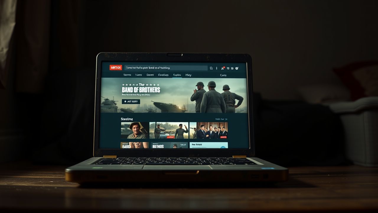 Een oude laptop met een streaming service website open en het tonen van de serie 'Band of Brothers'.