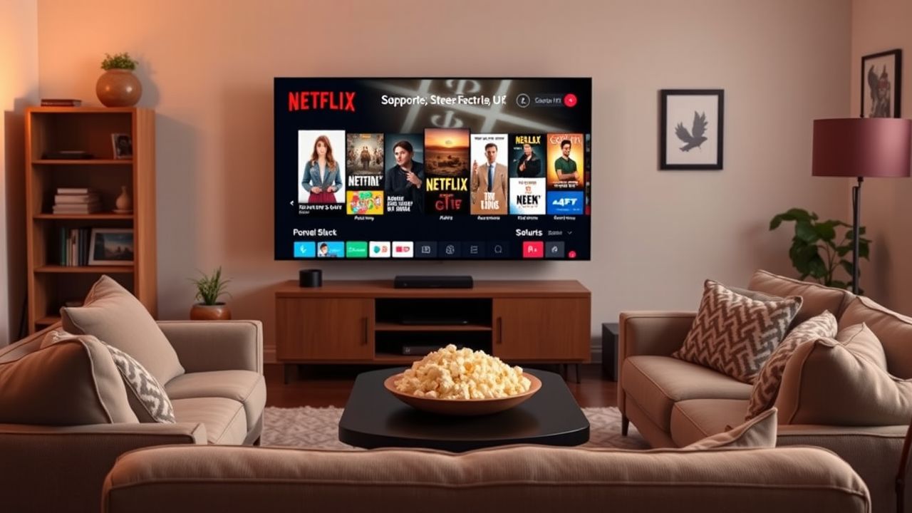 Een gezellige woonkamer met comfortabele bank, grote televisie en Netflix.