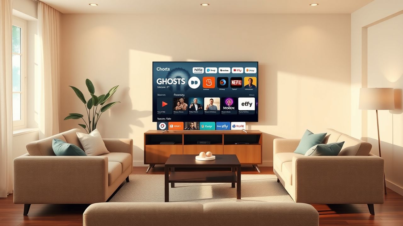 Een gezellige woonkamer met modern entertainment en comfortabele zitplaatsen.