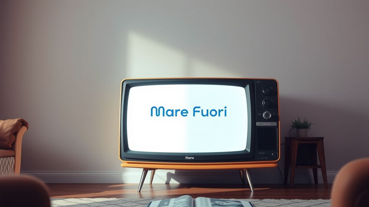 Een vintage televisie toont de Mare Fuori online streaming platform logo. Een vintage televisie toont de Mare Fuori online streaming platform logo.