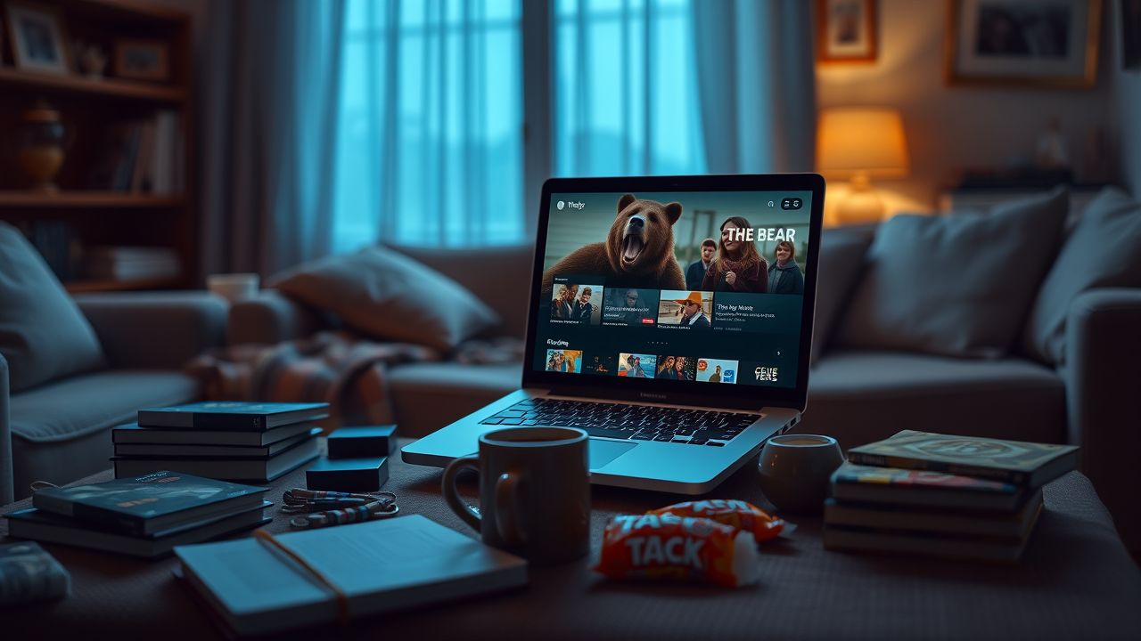 Een laptop op een rommelige salontafel toont streamopties voor 'The Bear'.
