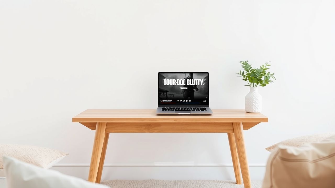 Een gezellige woonkamer setting met een open laptop die 'Tour of Duty' in het Nederlands streamt.