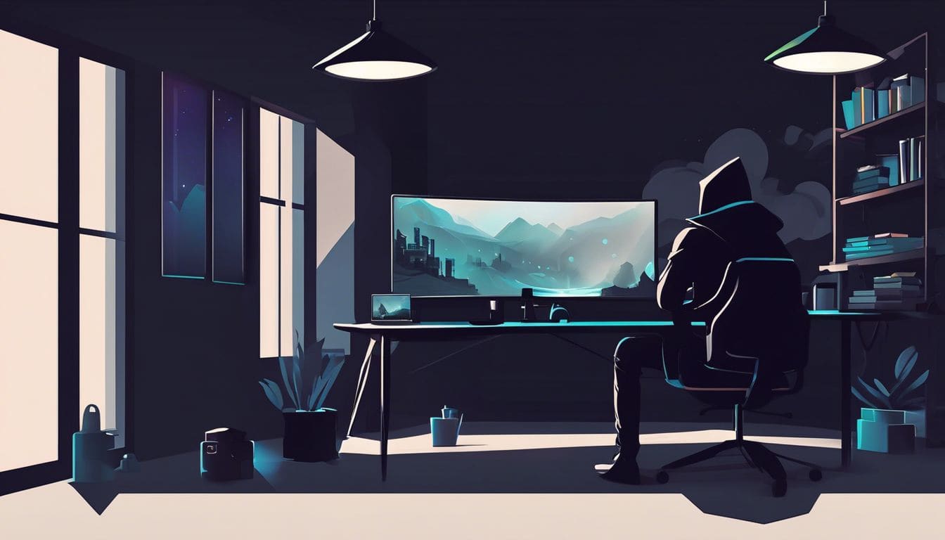 Een game-opstelling met meerdere schermen en een dreigende schaduwfiguur. Een game-opstelling met meerdere schermen en een dreigende schaduwfiguur.