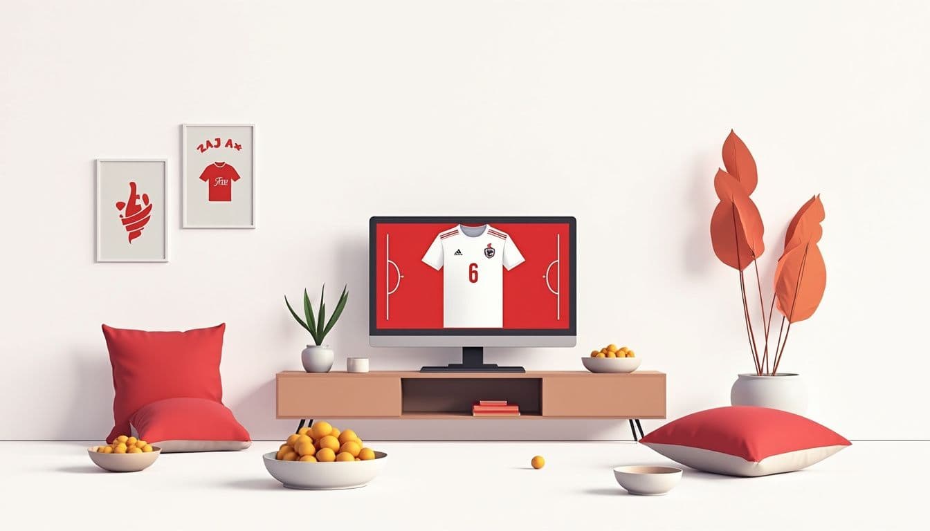 Minimalistische woonkamer met moderne TV en abstracte sportposters.