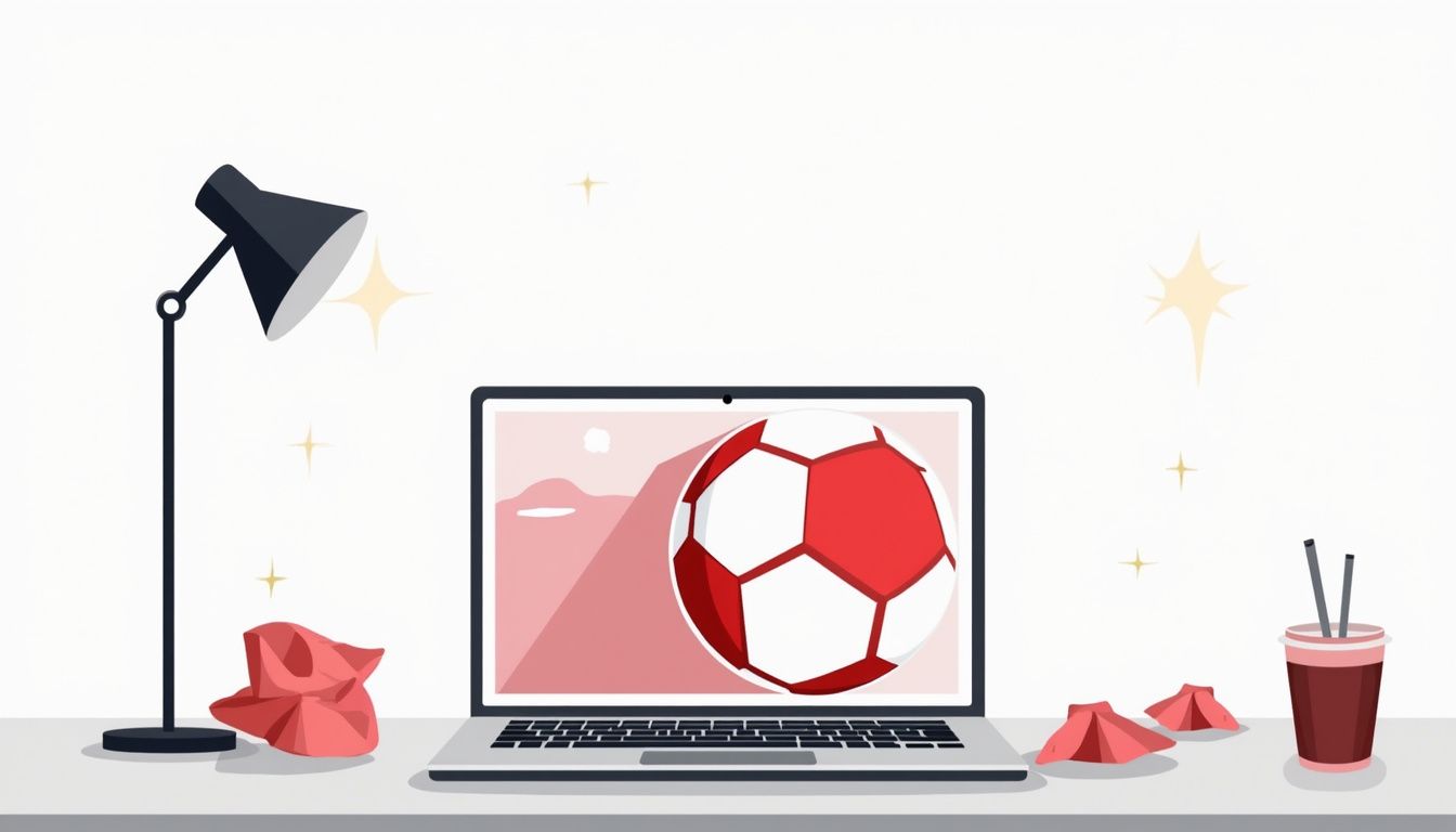 Minimalistische bureauscène met laptop en snacks in platte kleuren.