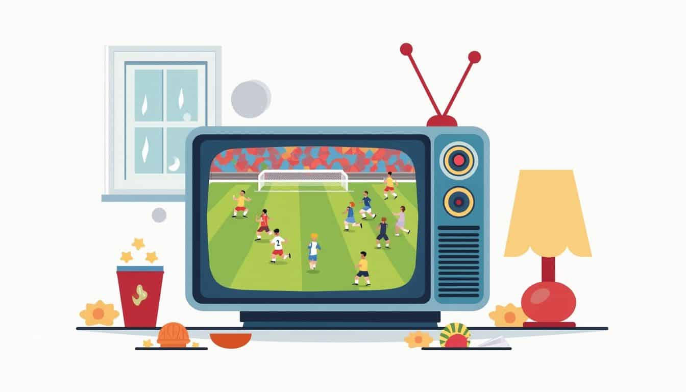 Minimalistische woonkamer met oude TV en kleurrijke Ajax-wedstrijd. Minimalistische woonkamer met oude TV en kleurrijke Ajax-wedstrijd.