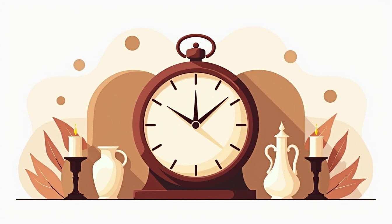 Minimalistische vectorillustratie van een vintage klok met decoratieve elementen.