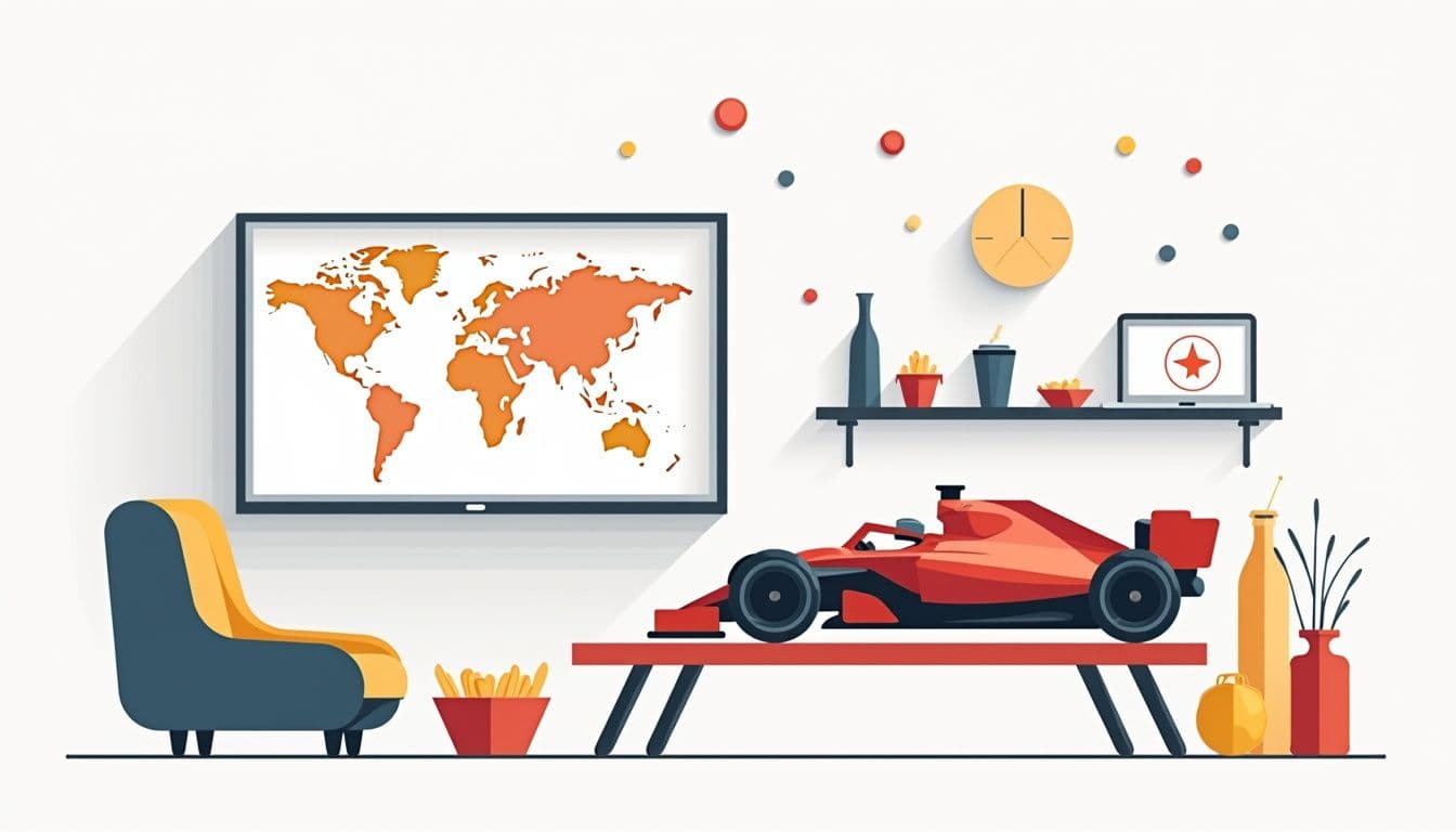 Minimalistische woonkamer met tv, laptop en wereldkaart in flat design.