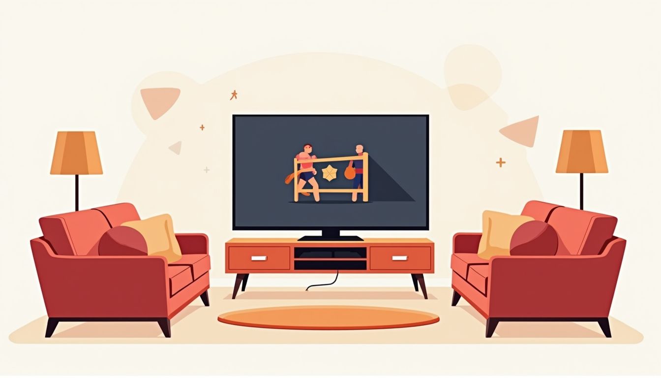 Moderne woonkamer met geometrische TV en minimalistische meubels in warme kleuren. Moderne woonkamer met geometrische TV en minimalistische meubels in warme kleuren.