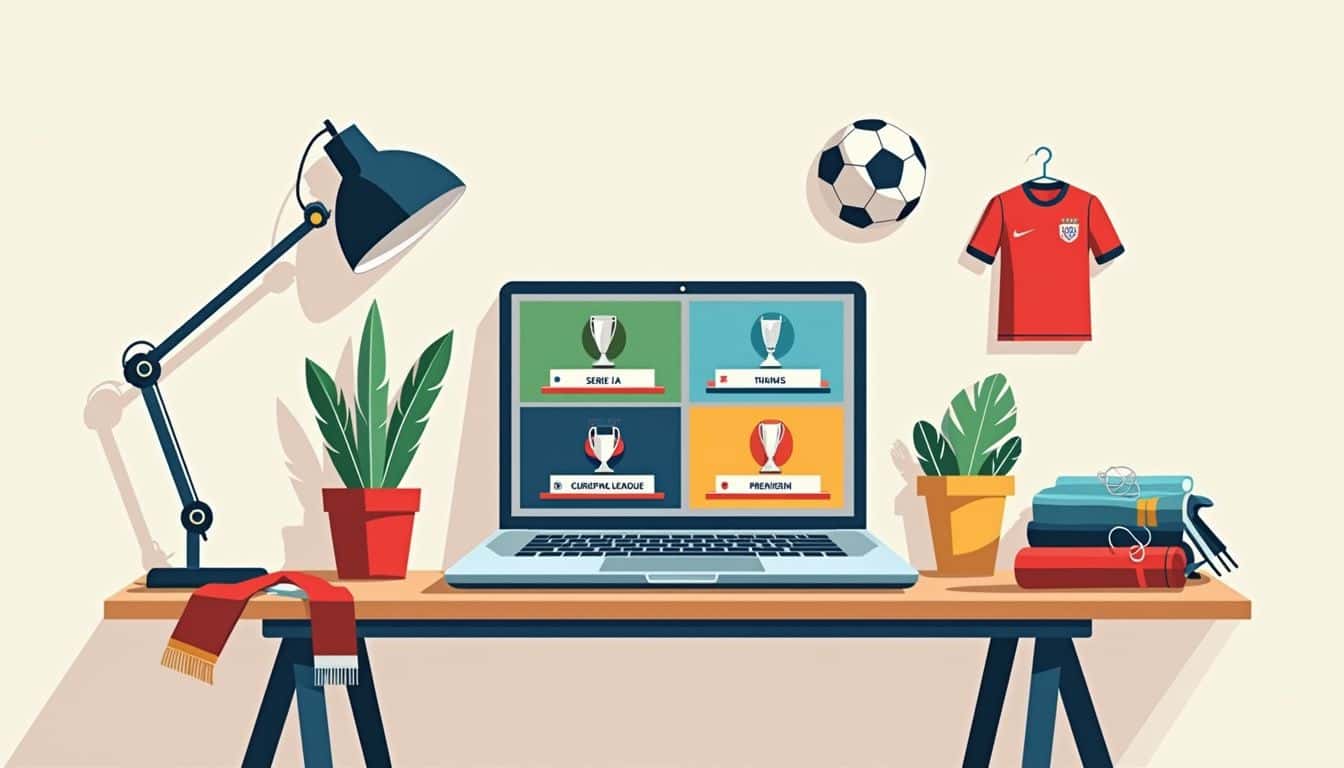 Minimalistische illustratie van een rommelige bureau met een laptop en voetbalmemorabilia.